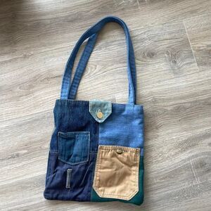 Vintage Multicolored Patchwork Denim Shoulder Tote Bag Purse Jean Boho Granny